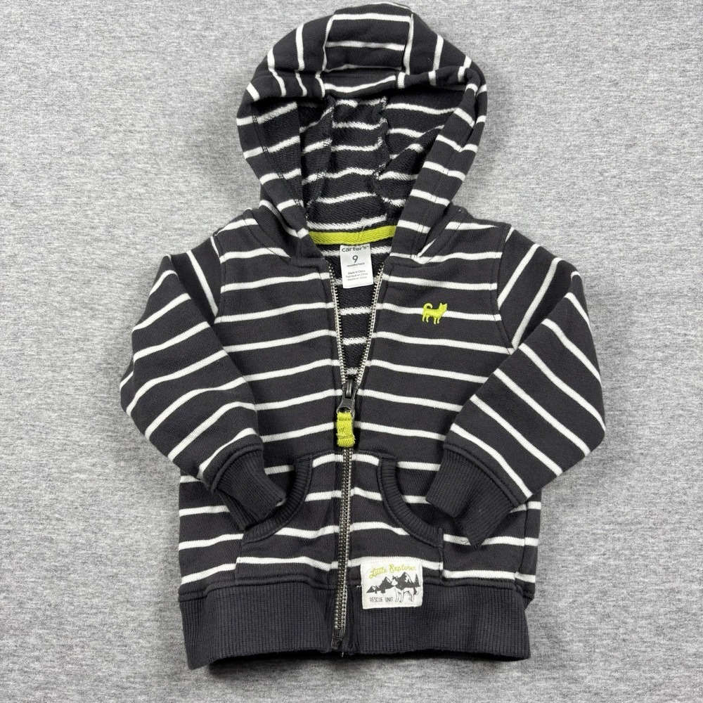 Carter's 9 Months Dark Green & White‎ Striped Hooded Boys Dog Jacket Baby